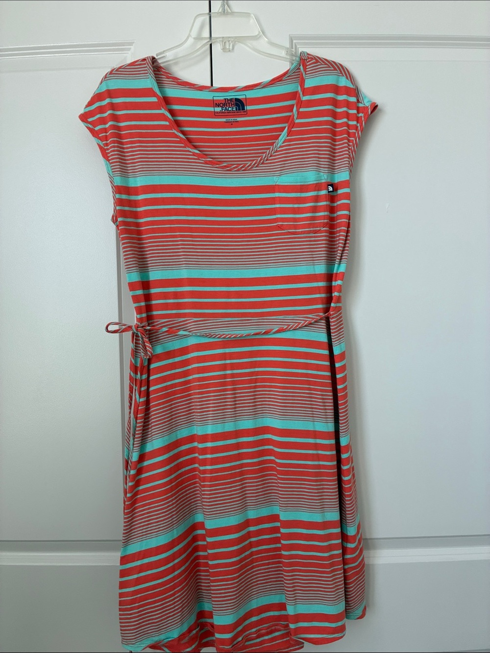 The North Face Coral & Aqua Striped Cap-Sleeve Midi Dress with Tie Waist